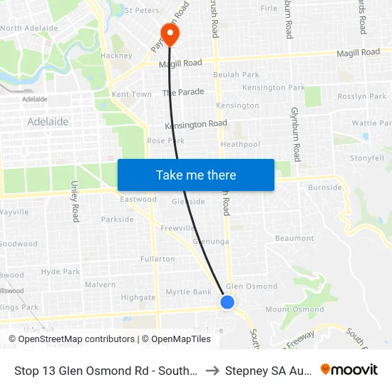 Stop 13 Glen Osmond Rd - South West side to Stepney SA Australia map