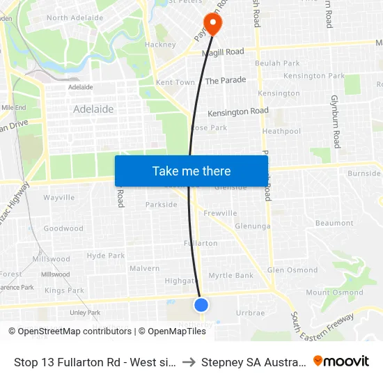 Stop 13 Fullarton Rd - West side to Stepney SA Australia map