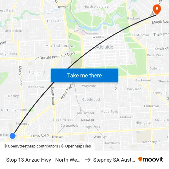 Stop 13 Anzac Hwy - North West side to Stepney SA Australia map