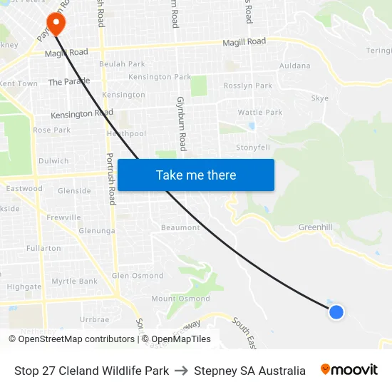Stop 27 Cleland Wildlife Park to Stepney SA Australia map