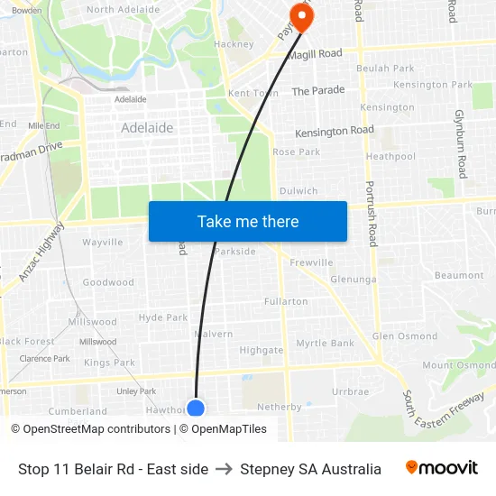 Stop 11 Belair Rd - East side to Stepney SA Australia map