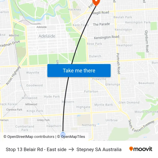 Stop 13 Belair Rd - East side to Stepney SA Australia map