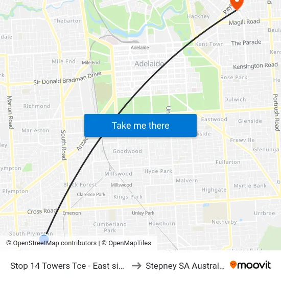 Stop 14 Towers Tce - East side to Stepney SA Australia map