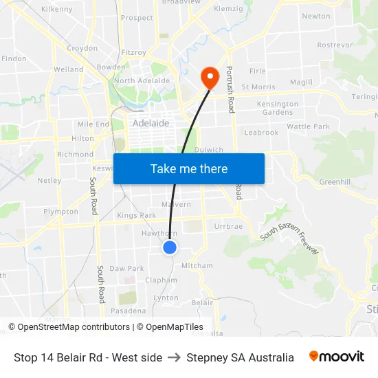 Stop 14 Belair Rd - West side to Stepney SA Australia map