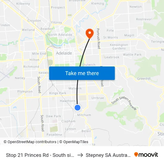 Stop 21 Princes Rd - South side to Stepney SA Australia map