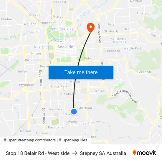 Stop 18 Belair Rd - West side to Stepney SA Australia map