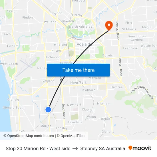 Stop 20 Marion Rd - West side to Stepney SA Australia map