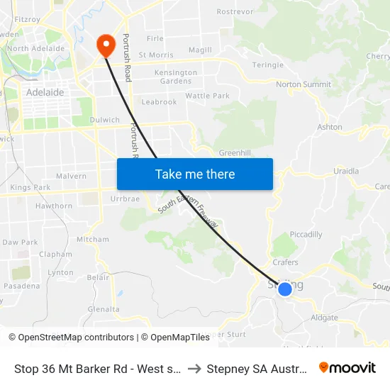 Stop 36 Mt Barker Rd - West side to Stepney SA Australia map