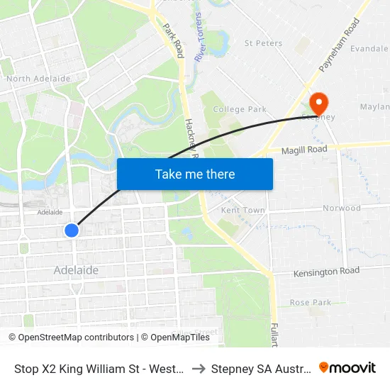 Stop X2 King William St - West side to Stepney SA Australia map