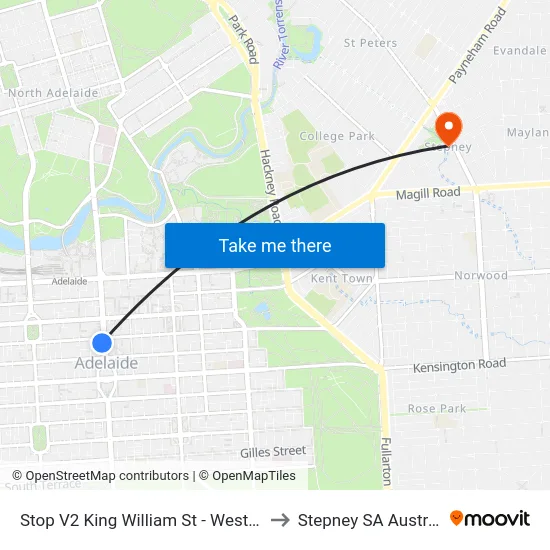 Stop V2 King William St - West side to Stepney SA Australia map