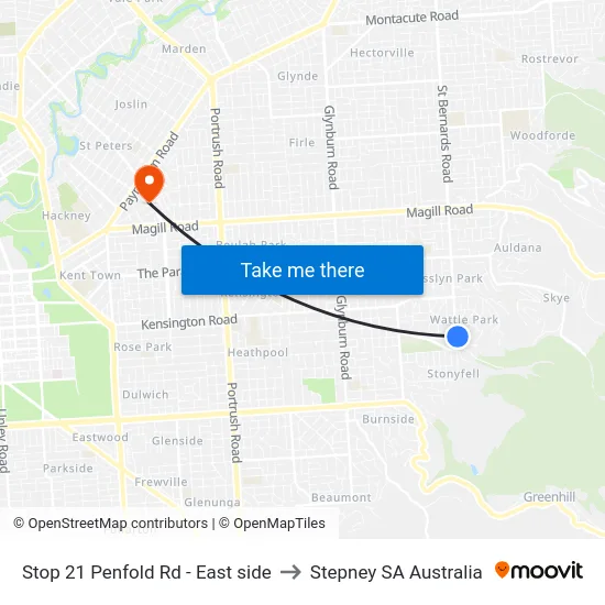 Stop 21 Penfold Rd - East side to Stepney SA Australia map