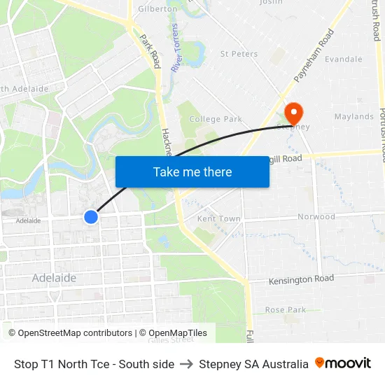 Stop T1 North Tce - South side to Stepney SA Australia map