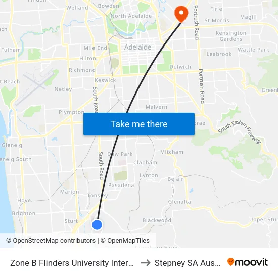 Zone B Flinders University Interchange to Stepney SA Australia map