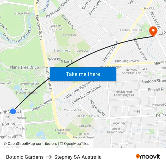Botanic Gardens to Stepney SA Australia map