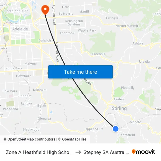Zone A Heathfield High School to Stepney SA Australia map