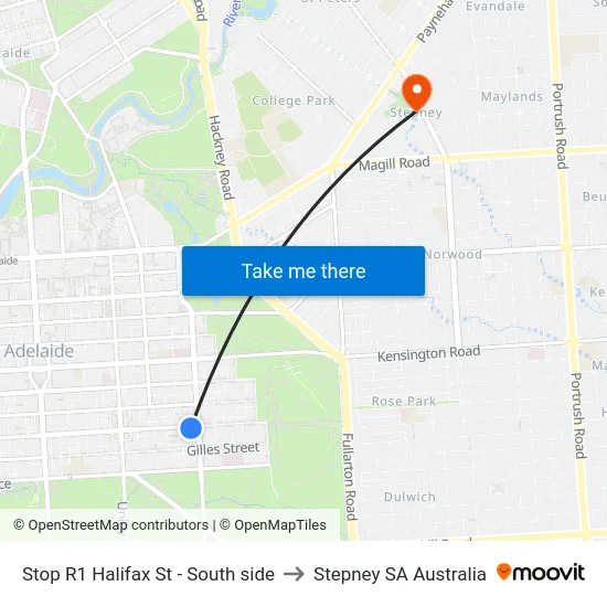Stop R1 Halifax St - South side to Stepney SA Australia map