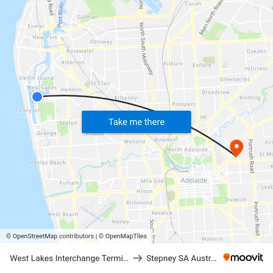 West Lakes Interchange Terminus to Stepney SA Australia map