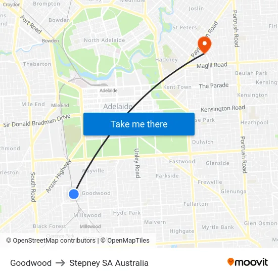 Goodwood to Stepney SA Australia map