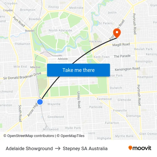 Adelaide Showground to Stepney SA Australia map