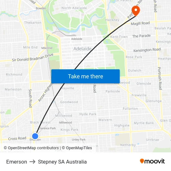 Emerson to Stepney SA Australia map