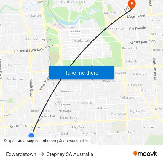 Edwardstown to Stepney SA Australia map