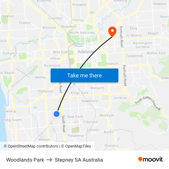 Woodlands Park to Stepney SA Australia map