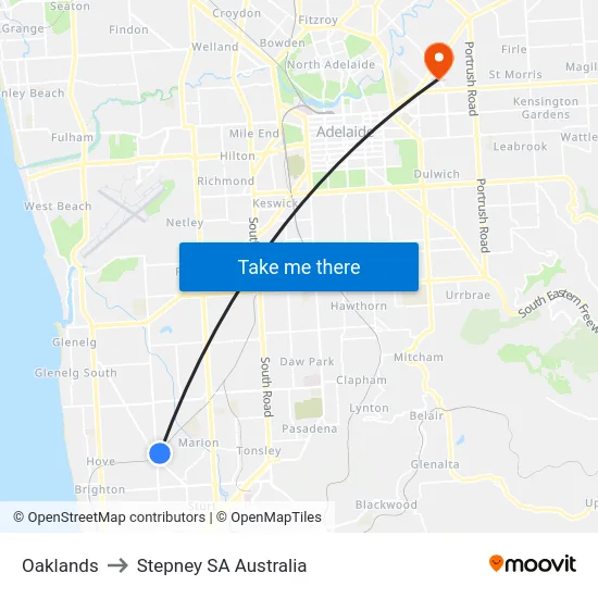Oaklands to Stepney SA Australia map