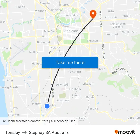 Tonsley to Stepney SA Australia map