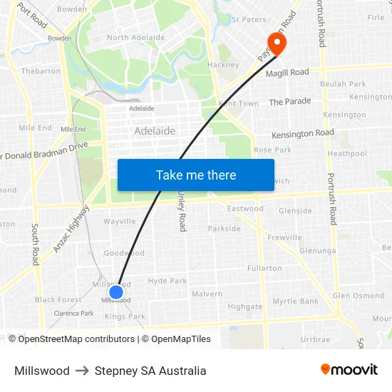Millswood to Stepney SA Australia map