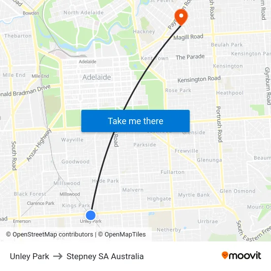 Unley Park to Stepney SA Australia map