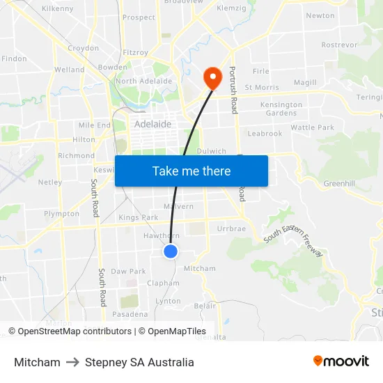 Mitcham to Stepney SA Australia map