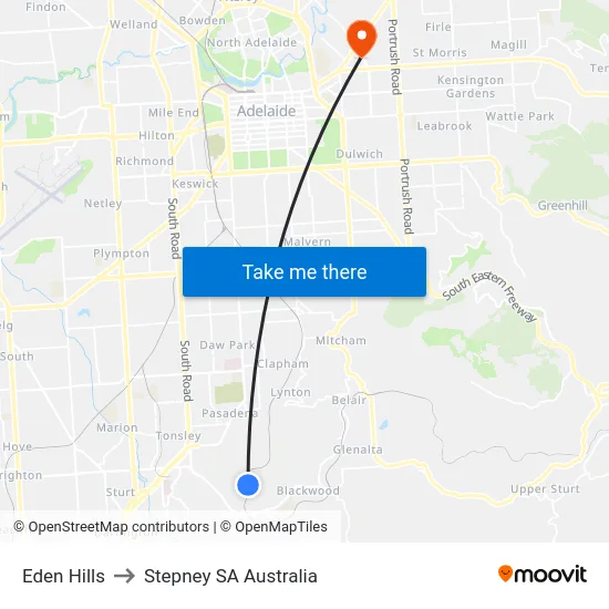 Eden Hills to Stepney SA Australia map