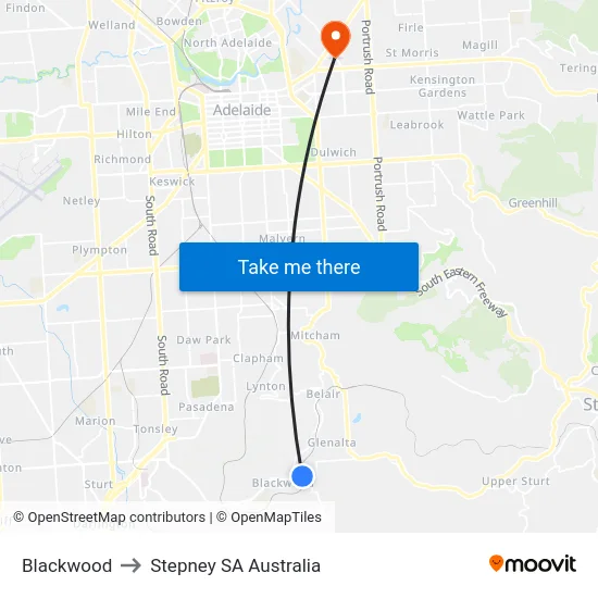 Blackwood to Stepney SA Australia map