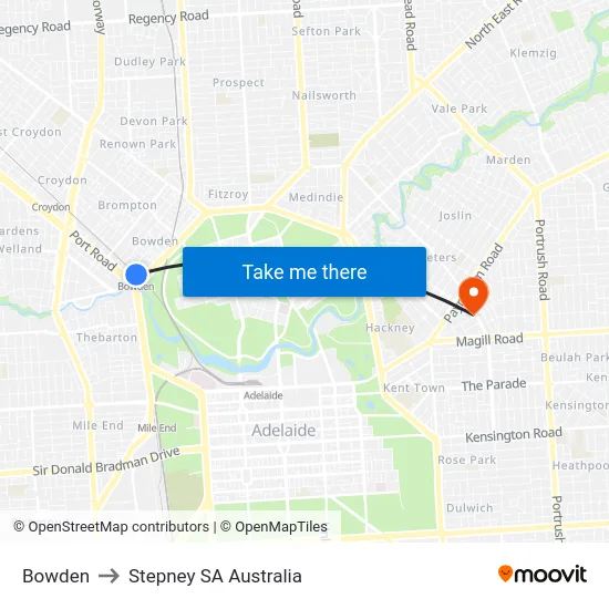 Bowden to Stepney SA Australia map