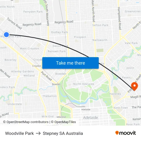 Woodville Park to Stepney SA Australia map
