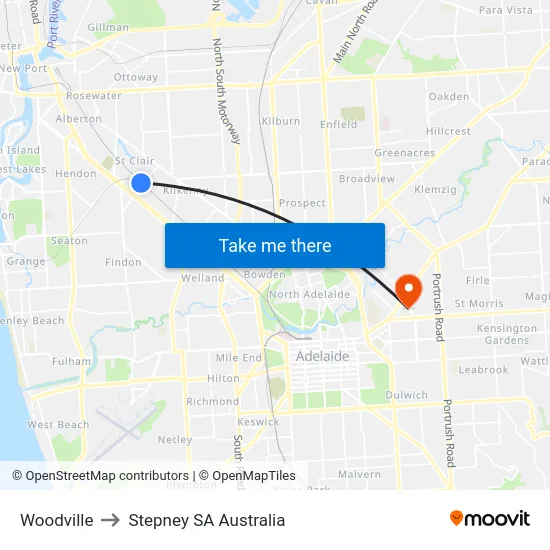 Woodville to Stepney SA Australia map