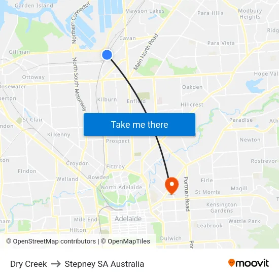 Dry Creek to Stepney SA Australia map