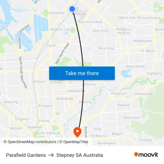 Parafield Gardens to Stepney SA Australia map