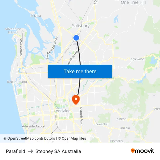 Parafield to Stepney SA Australia map