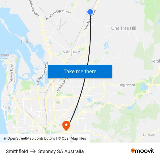 Smithfield to Stepney SA Australia map
