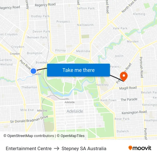 Entertainment Centre to Stepney SA Australia map