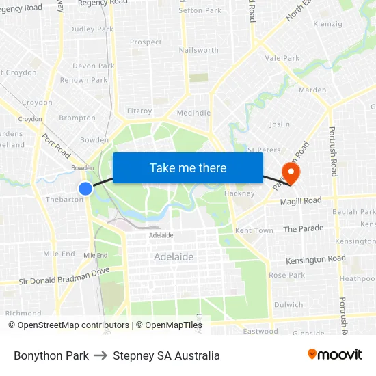 Bonython Park to Stepney SA Australia map