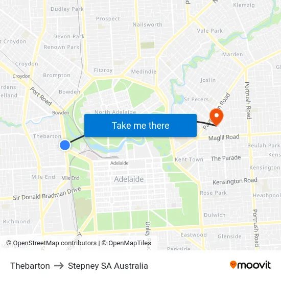 Thebarton to Stepney SA Australia map