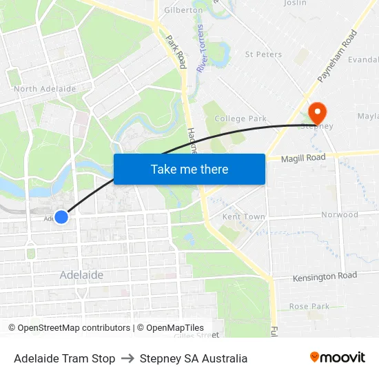 Adelaide Tram Stop to Stepney SA Australia map