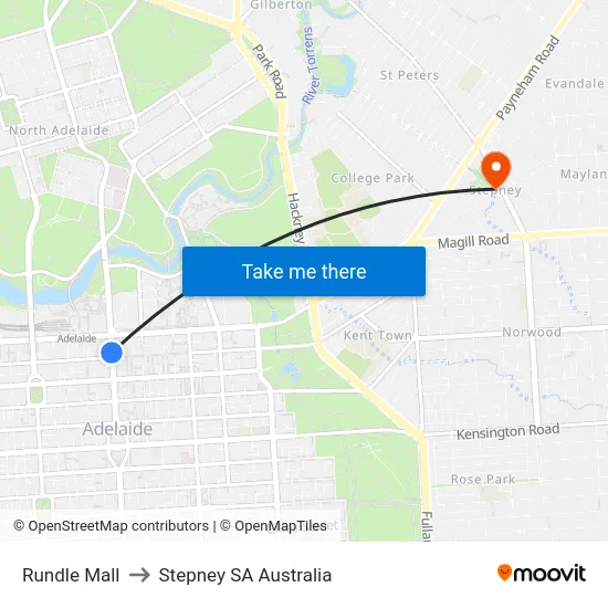 Rundle Mall to Stepney SA Australia map