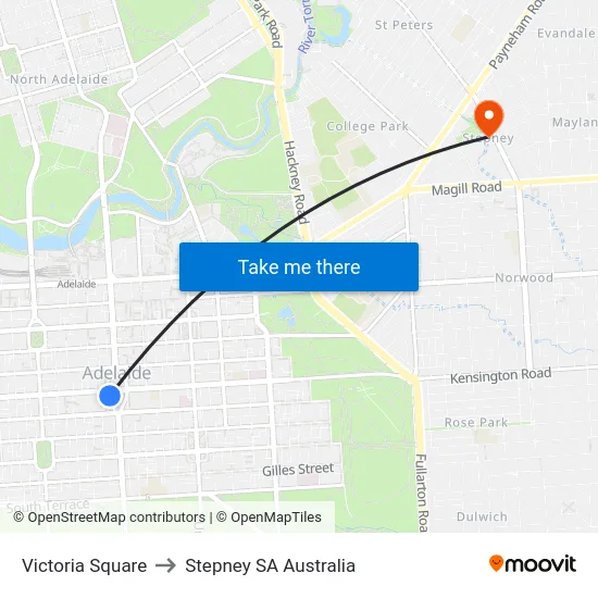 Victoria Square to Stepney SA Australia map