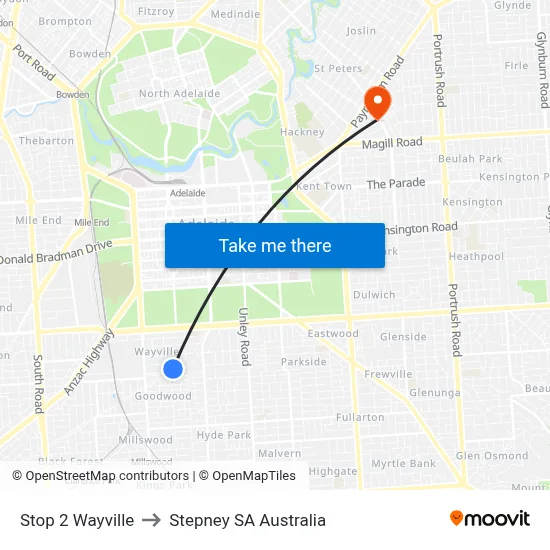 Stop 2 Wayville to Stepney SA Australia map