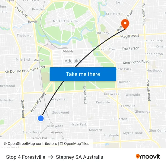 Stop 4 Forestville to Stepney SA Australia map