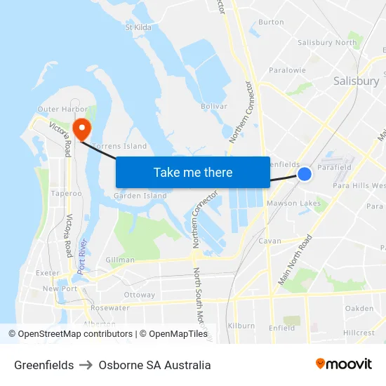 Greenfields to Osborne SA Australia map