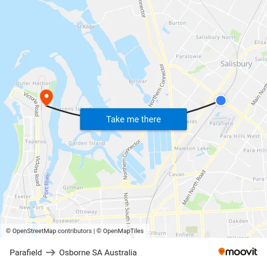 Parafield to Osborne SA Australia map